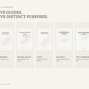 May include: Five digital guides titled Sacred Reset, Emotional Release Reset, Clarity Reset, Self Worth Reset, and Truth & Momentum Reset. Each guide features a light feather or circular graphic and descriptive text on a neutral beige background.