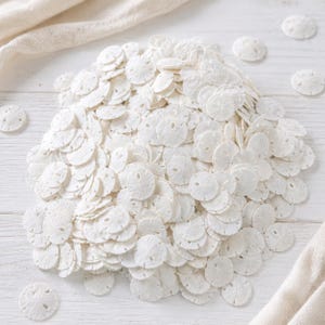May include: A large pile of white sand dollars, each with a distinctive star-like pattern and a central hole. The sand dollars are arranged on a white wooden surface, with a soft, off-white fabric in the background. The overall aesthetic is clean and natural.