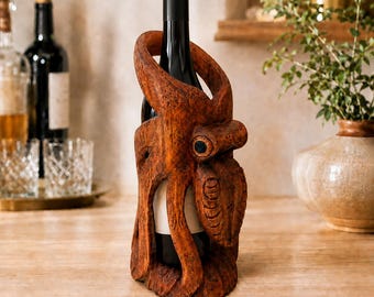 Hand Carved Wooden Octopus Wine Bottle Holder, Coastal Nautical Bar Decor