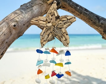 Campana de viento de cristal marino con forma de estrella de mar y madera a la deriva / Decoración costera playera / Adorno náutico colgante hecho a mano / Regalo inspirado en el océano / Decoración bohemia junto al mar