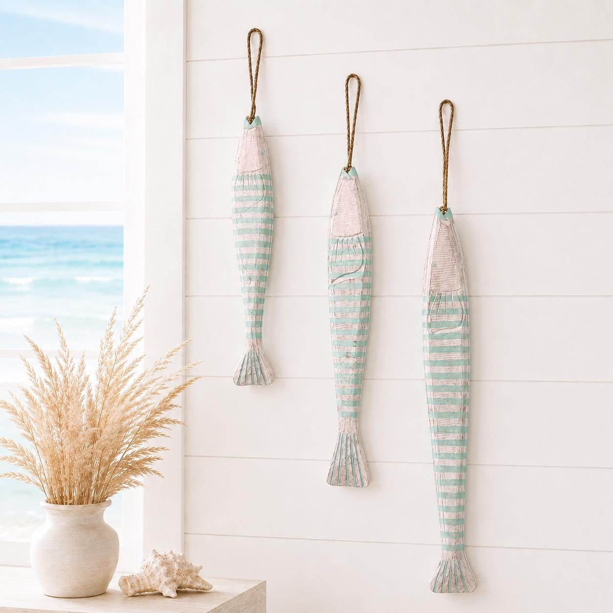 Set of 3 Wooden Fish Wall Decor, Hand Carved Nautical Beach House ...