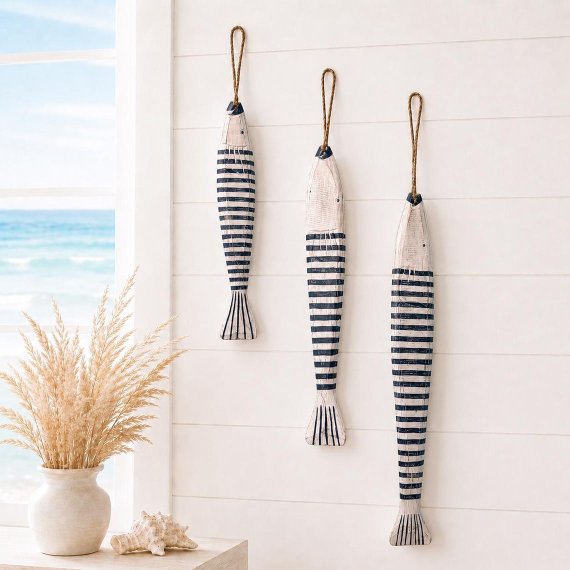 Set of 3 Wooden Fish Wall Decor, Hand Carved Nautical Beach House ...