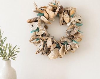 Coastal Oyster Shell Wreath | Beach House Decor | Nautical Front Door Wreath | Sea Glass Shell Wall Hanging | Coastal Farmhouse Decor