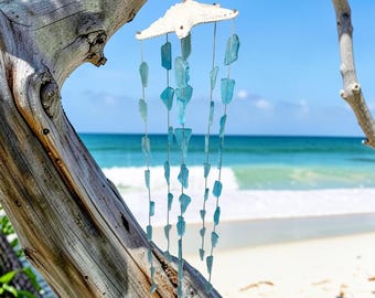 Zeeglazen windgong met zeester – kuststranddecor – handgemaakte blauw-witte hangende mobiel – nautische buitenwindgong