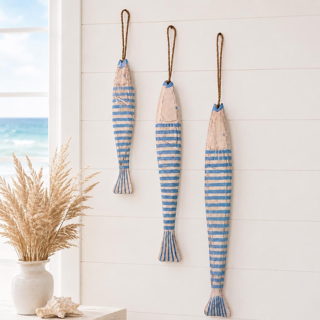 Set of 3 Wooden Fish Wall Decor, Hand Carved Nautical Beach House ...