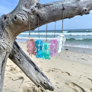 Puede incluir: Cuatro móviles de conchas en tonos rosa, azul, verde y blanco cuelgan de una rama de árbol desgastada. Los móviles están hechos de pequeñas conchas redondas. El fondo muestra una playa de arena y el océano con olas suaves.