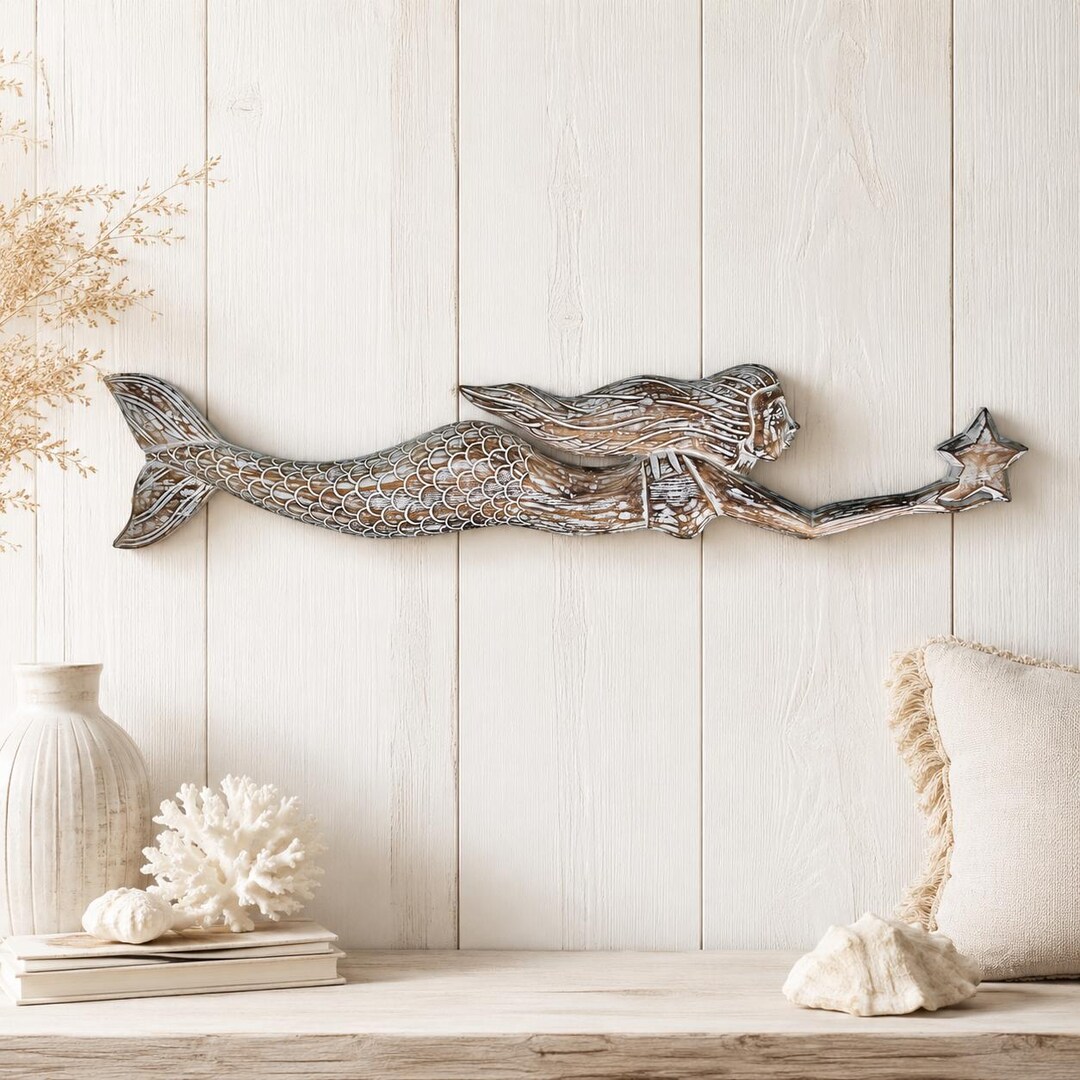 Hand-carved Wood Mermaid Wall Hanging – 39″ Rustic Coastal Beach House ...