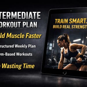 May include: An advertisement for an intermediate workout plan. The text reads "Intermediate Workout Plan" and "Build Muscle Faster." A tablet displays a woman lifting weights with the text "Train Smart. Build Real Strength."