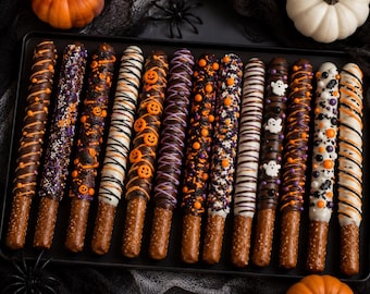 Halloween Chocolate-Covered Pretzel Rods| Individually Wrapped | FREE SHIPPING | Party Favors