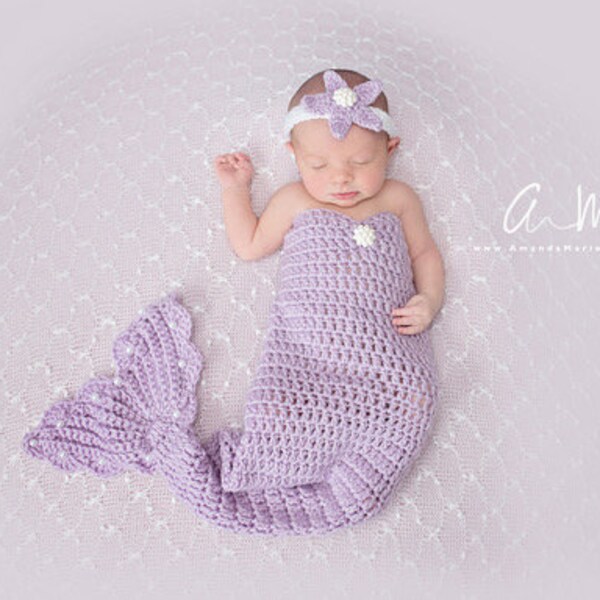 Newborn Girls Mermaid Tail Photography Prop SET, tenue de sirène au crochet pour bébé - Disney Mermaid - STARFISH Bandeau - Prop photo nouveau-né