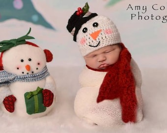 Baby Snowman Hat with Matching Scarf .. newborn photography prop...Crochet Snowman Frosty Christmas Hat..Baby Shower Gift...holiday baby hat
