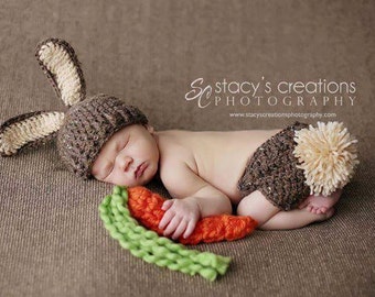 Baby Bunny Hat, Newborn Photo Prop Set, Easter Rabbit Hat,Diaper Cover - CARROT included