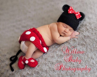 Infant Newborn Baby Crochet Minnie Mouse Hat/Diaper Cover/Shoes Photo Prop Costume, Baby Gir.. Bow Hat  skirt and Shoes Newborn Photo prop