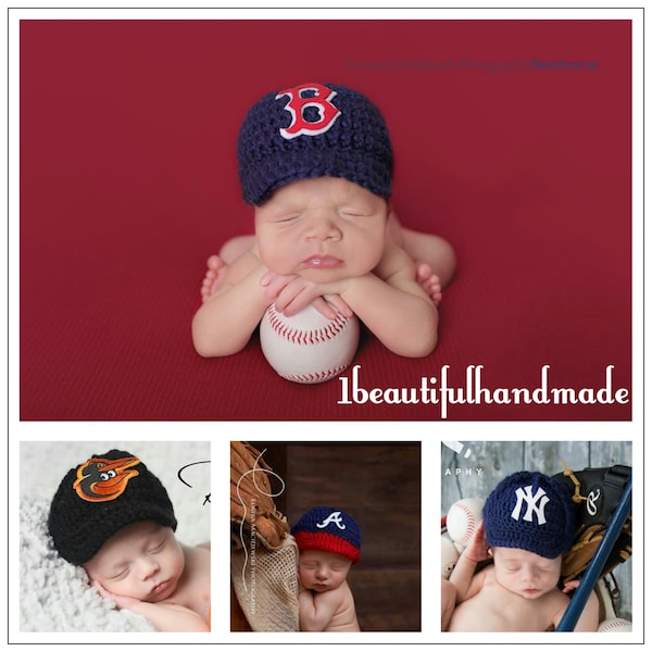 Baby Baseball Team Cap -- Newborn Baseball cap ,Baseball photo prop -- Crochet baseball hat,Coming Home Outfit-- --Choose your team