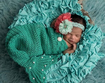 Newborn Crochet Mermaid Tail Photography Prop Set, Cocoon, Top, Starfish Headband
