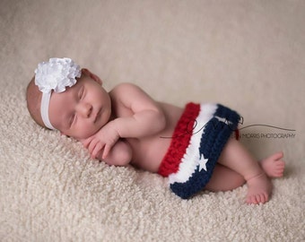Baby Girl American Flag, Baby Crochet Skirt and headband, American Flag outfit--Newborn Photography..