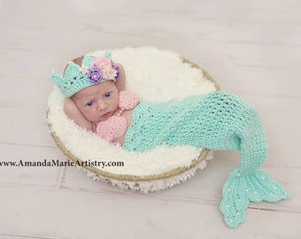Newborn Mermaid Tail Photography Prop Set – Crochet Cocoon, Top, Starfish Headband