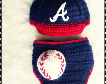 Baby Boy , Atlanta Braves inspired Crocheted Baseball  hat & Diaper cover, Newborn Photo Prop