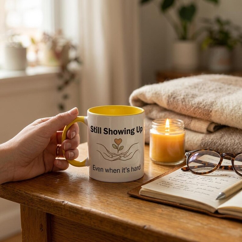 May include: A white ceramic mug with a bright yellow interior and handle. The mug features a graphic of two hands holding a small plant with a heart-shaped leaf, accompanied by the black text: Still Showing Up Even when it's hard.