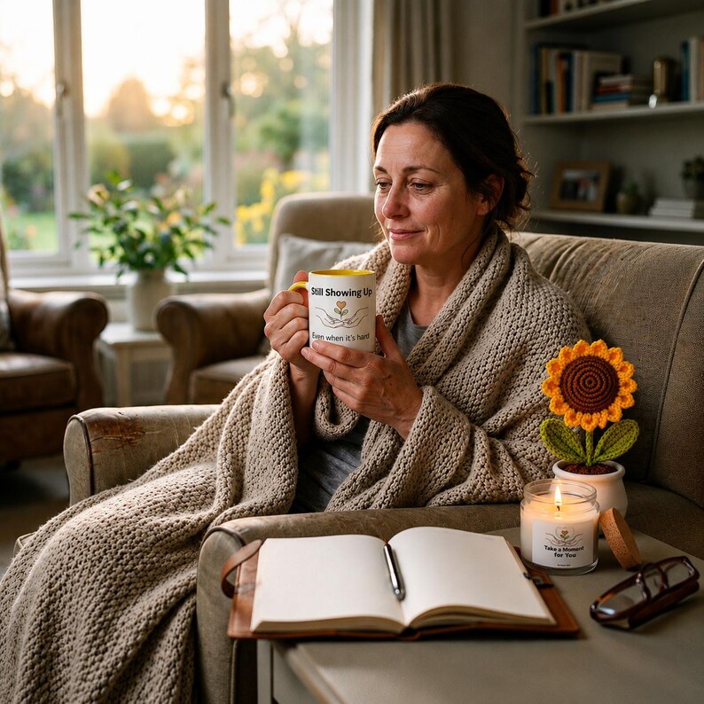 May include: A white ceramic mug with a yellow interior featuring the text Still Showing Up Even when it's hard and a graphic of hands holding a flower, a crochet sunflower in a white pot, and a glass candle with a label reading Take a moment for you.