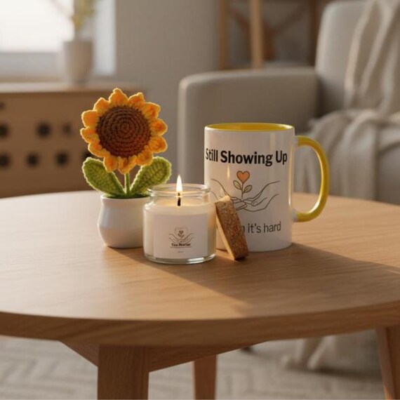 Family Caregiver Encouragement Gift | Sunflower Comfort Set | Still Showing Up Mug Candle Set