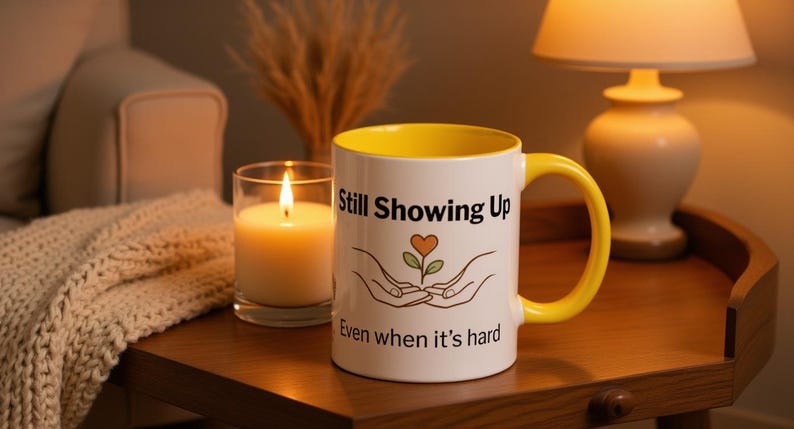 May include: A white ceramic mug with a bright yellow interior and handle. The front features the black text Still Showing Up and Even when it's hard, with a graphic of two hands cupping a small plant with an orange heart-shaped leaf in the centre.