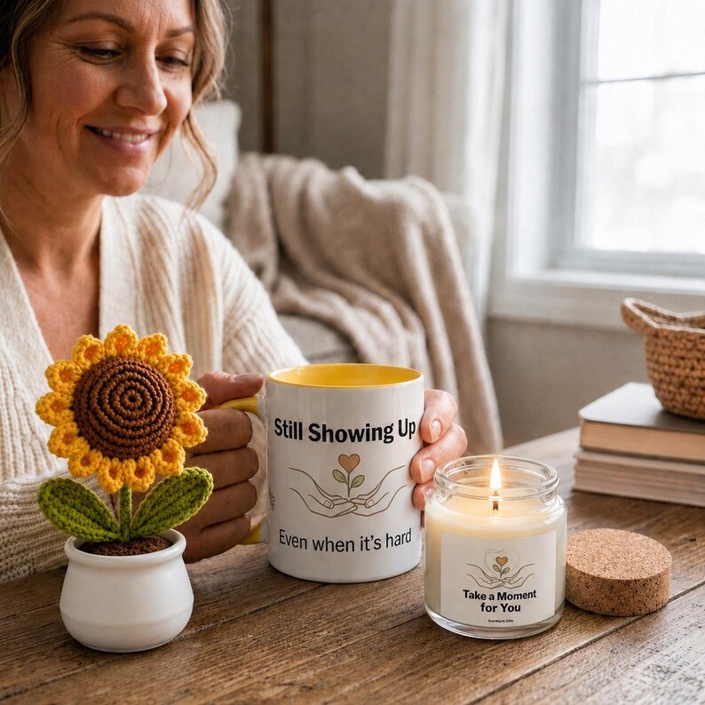 May include: A white ceramic mug with a yellow interior featuring the text Still Showing Up Even when it's hard and a graphic of hands holding a sprout, alongside a crocheted sunflower in a white pot and a lit candle with a cork lid.