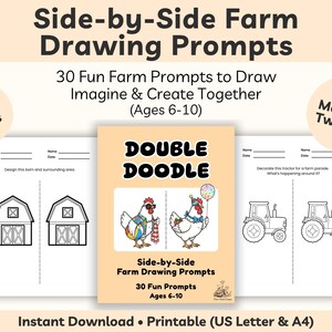 Peut inclure: Un livre d'activités pour enfants intitulé "Side-by-Side Farm Drawing Prompts". La couverture présente le texte "Double Doodle" et des illustrations de poulets. Le livre contient 30 pages de dessins pour les enfants de 6 à 10 ans.
