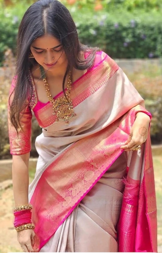 Pink Silver Kanjivaram Silk Saree Indian Wedding Saree for Women Luxury Banarasi Saree Bridal Saree Reception Outfit Festive Ethnic Wear