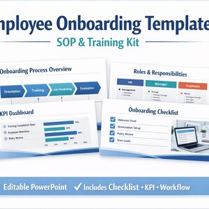 May include: An employee onboarding template titled "Employee Onboarding Template SOP & Training Kit". It features an onboarding process overview, roles & responsibilities, a KPI dashboard, and an onboarding checklist. The template is editable in PowerPoint.