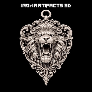 Roaring Lion King STL | Ornate Lion Head Pendant for Jewelry Casting | Baroque Lion Heart 3D Print Model | Courage & Power Talisman STL