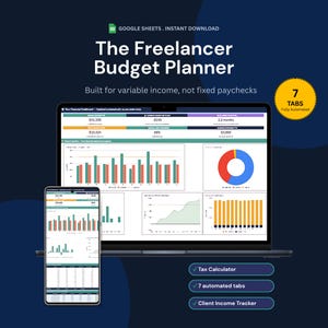 Frilansande budgetplanerare Google Sheets | Budget för egenföretagare med skattekalkylator | Spårning av rörlig inkomst