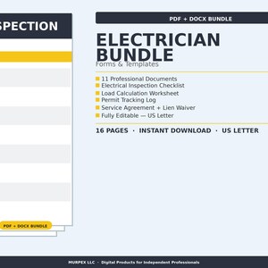 May include: A digital download bundle for electricians, featuring 11 professional documents, including an electrical inspection checklist and permit tracking log. The bundle is fully editable and formatted for US Letter size, with 16 pages available for instant download.