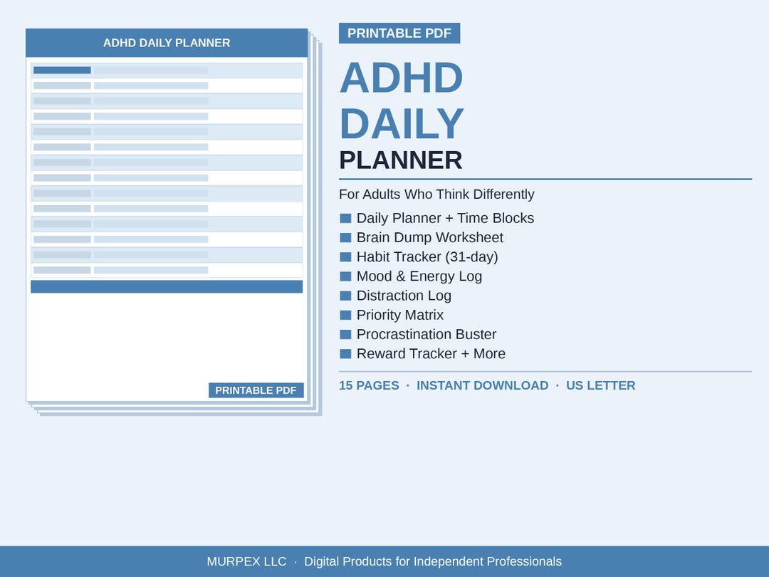 ADHD Daily Planner Printable | Brain Dump, Habit Tracker, Focus ...