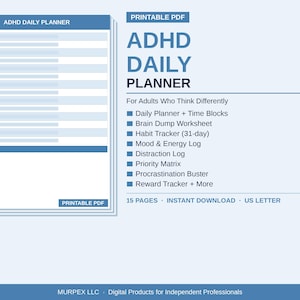 May include: A blue and white printable ADHD Daily Planner. The planner includes sections for daily planning, time blocks, habit tracking, and more. The image text reads "ADHD Daily Planner" and "Printable PDF".