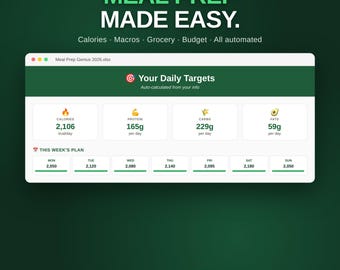 Hoja de cálculo Meal Prep Genius en Excel | Calculadora de calorías y macronutrientes | Planificador semanal de comidas | Lista de la compra | TDEE | BMR | Seguimiento de la pérdida de peso