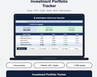 Investment Portfolio Tracker Spreadsheet | Crypto ETF Stocks | Gain Loss Calculator Multi-Currency