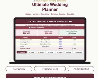 Ultimate Wedding Planner Spreadsheet Excel | Wedding Budget Tracker Guest List Seating Plan Timeline | Instant Download