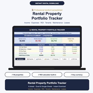 Rental Property Tracker Spreadsheet Excel | Landlord Portfolio Income Expense ROI Calculator Tenant Tracker | Instant Download image 1