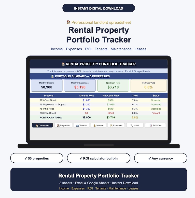 Rental Property Tracker Spreadsheet Excel | Landlord Portfolio Income Expense ROI Calculator Tenant Tracker | Instant Download image 1