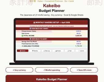 Planificador de presupuesto Kakeibo en Excel | Método de presupuesto japonés | Seguimiento de ahorros mensuales | Gasto consciente