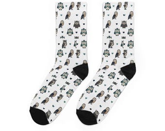 Owl Pattern Crew Socks | Cozy Padded Footbed, Polyester Blend Novelty Socks