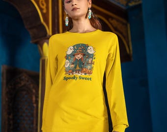 Spooky Sweet Witch Kids Long Sleeve Tee | Halloween Ghosts Pumpkins