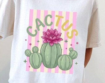 Cactus Flower T-Shirt Retro Desert Boho Graphic Tee Pastel Striped Southwestern Succulent Plant Mom Top Comfort Colors®