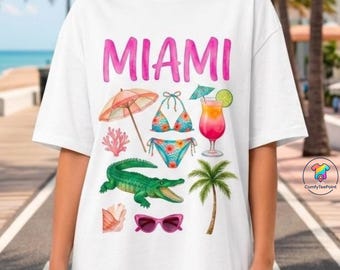 Miami Vacation Shirt Cute Florida Beach Graphic Tee Tropical Summer Cocktail T-shirt Gator Palm Tree Sunglasses Top Comfort Colors®