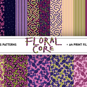 Könnte beinhalten: Eine Sammlung nahtloser Muster mit floralen, gestreiften und abstrakten Designs. Die Farbpalette umfasst Lila, Rosa und Grün. Der Text "FLORAL CORE" und "+ A4 PRINT FILES" ist ebenfalls sichtbar.