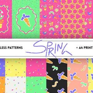 Könnte beinhalten: Eine Sammlung farbenfroher, nahtloser Muster mit Frühlingsmotiven. Die Muster zeigen Karotten, Blumen und Schmetterlinge auf rosa, grünen und gelben Hintergründen. Der Text "SPRING" und "SEAMLESS PATTERNS + A4 PRINT FILES" ist ebenfalls zu sehen.