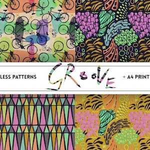 Könnte beinhalten: Eine Sammlung nahtloser Muster mit farbenfrohen Designs. Die Muster zeigen Fahrräder, abstrakte Formen und geometrische Muster. Der Text "Seamless Patterns" und "+ A4 Print Files" ist ebenfalls sichtbar.