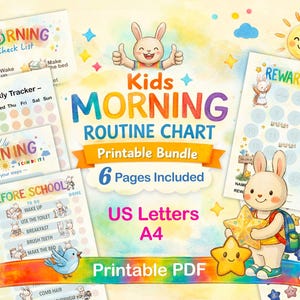 May include: A colorful printable bundle for kids featuring a morning routine chart, weekly tracker, and reward chart. The design includes cartoon bunnies, stars, and suns. The bundle includes 6 pages and is available in US Letters and A4 sizes.