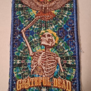Może przedstawiać: Haftowana naszywka z szkieletem, orłem i napisem "Grateful Dead". Naszywka ma niebieską obwódkę i kolorowe, psychodeliczne tło. Unikalny design dla fanów zespołu.